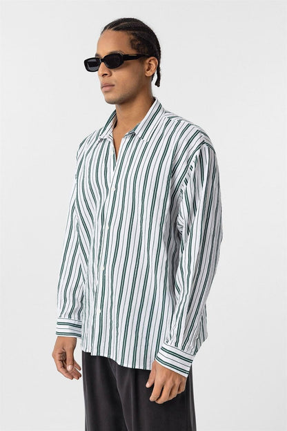 Çizgili Uzun Kollu Oversize Keten Gömlek