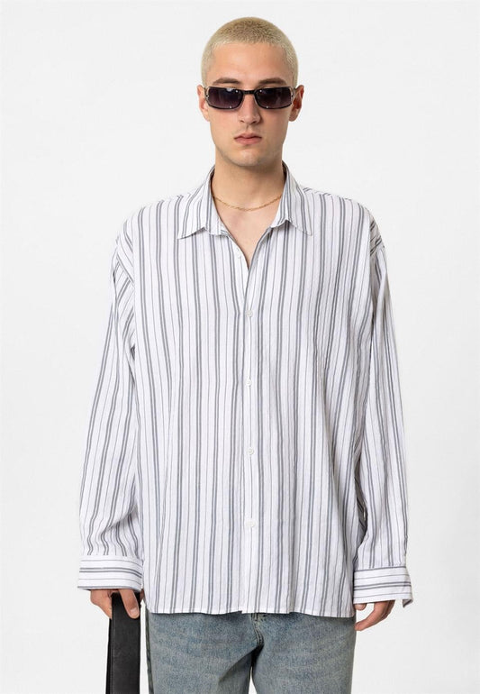 Çizgili Uzun Kollu Oversize Keten Gömlek