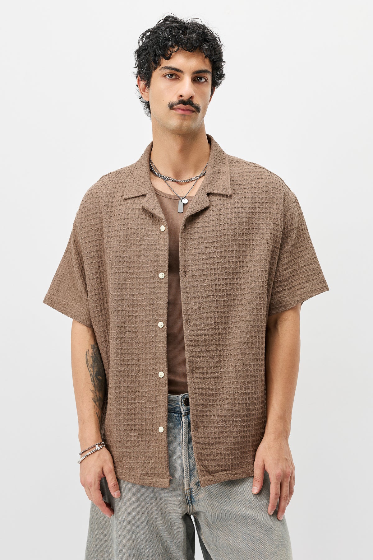 Dokulu Kısa Kollu Oversize Gömlek