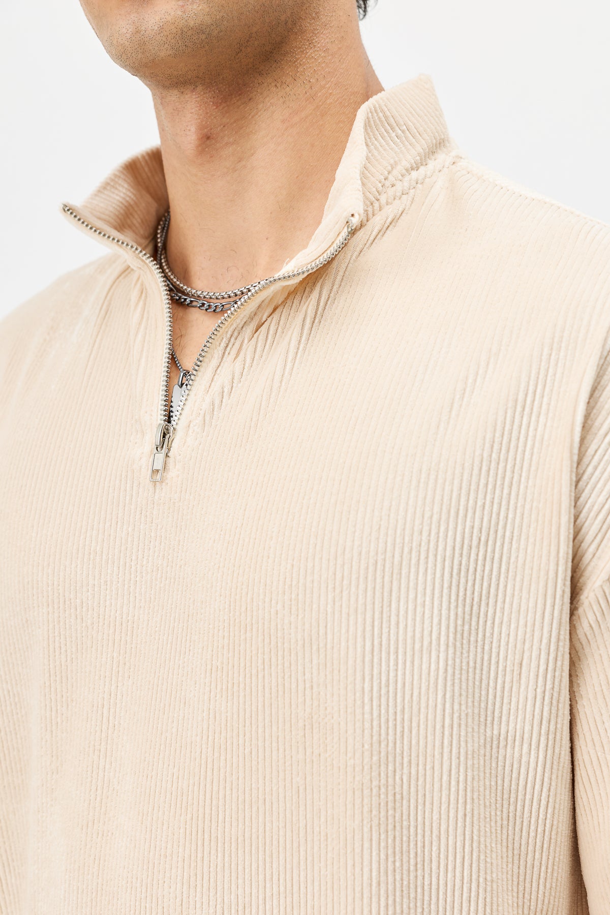 Yarım Fermuarlı Oversize Fitilli Tişört