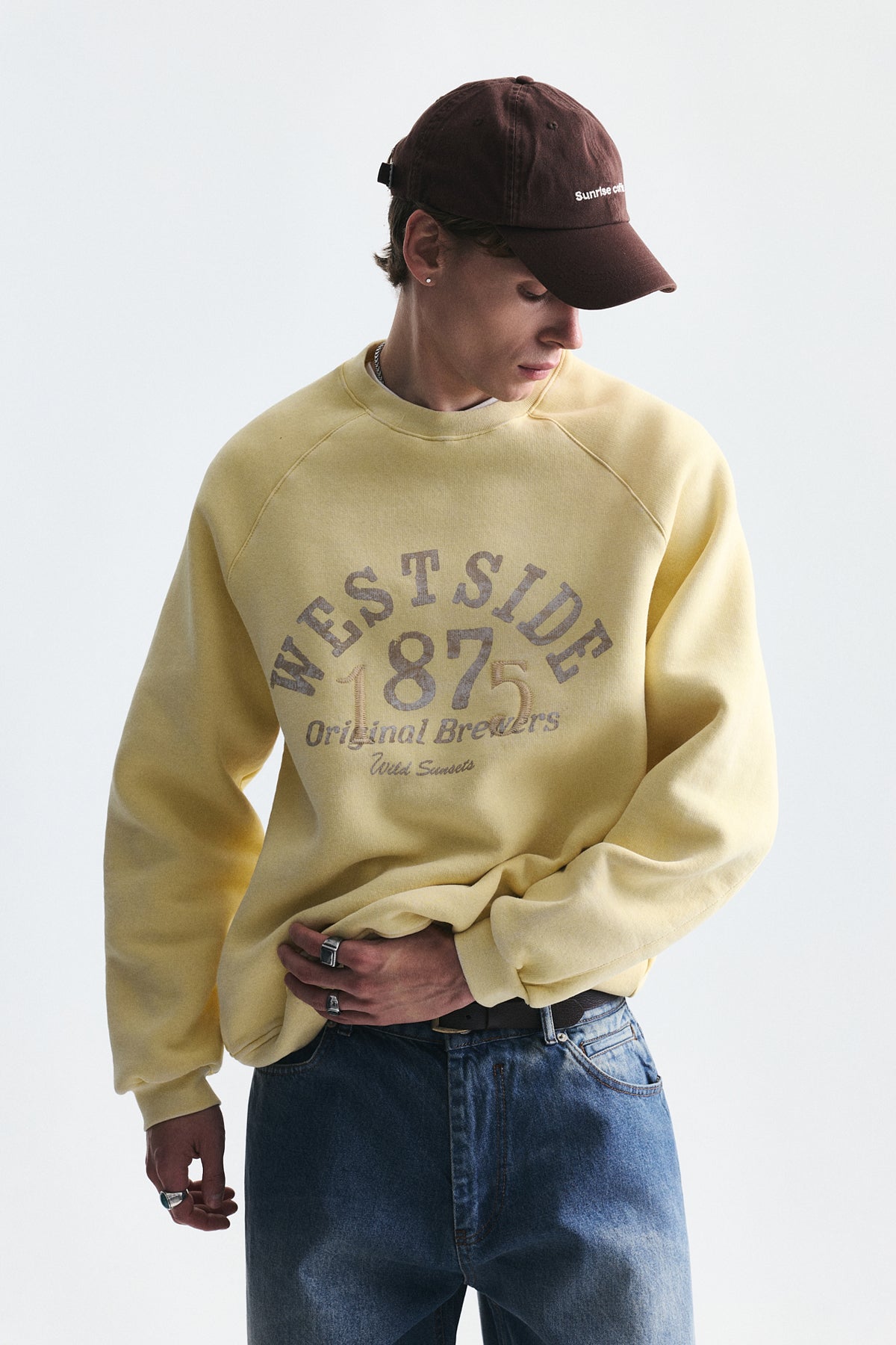 Oversize Baskılı Bisiklet Yaka Sweatshirt
