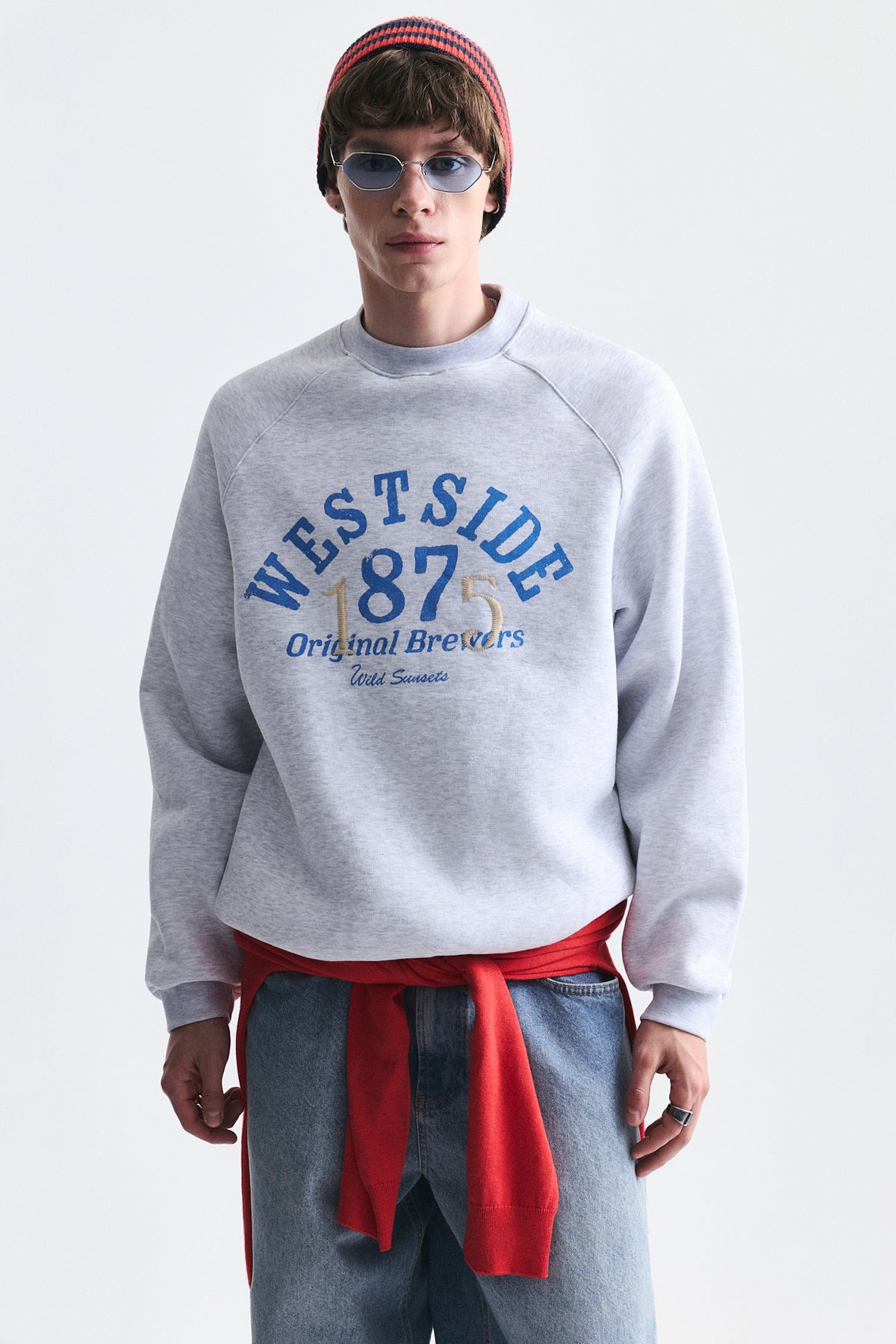 Oversize Baskılı Bisiklet Yaka Sweatshirt