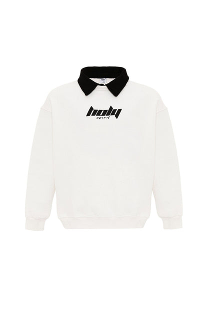 Polo Yaka Oversize Baskılı Sweatshirt