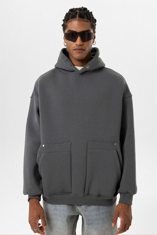 Cep Detaylı Kapüşonlu Oversize Sweatshirt