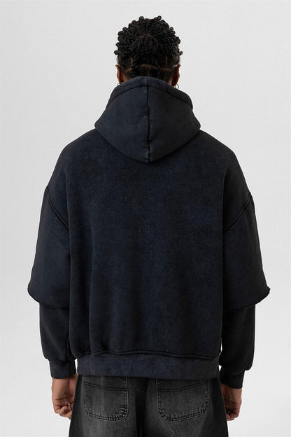 Yıkamalı Çift Kol Detaylı Kapüşonlu Oversize Sweatshirt