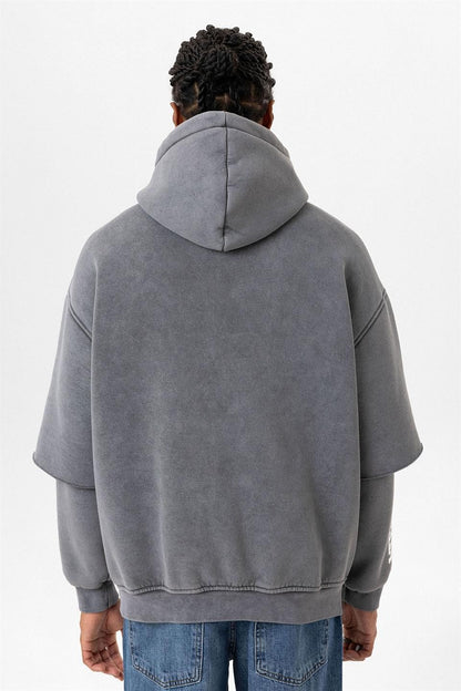Yıkamalı Çift Kol Detaylı Kapüşonlu Oversize Sweatshirt