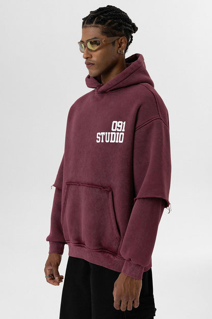 Yıkamalı Çift Kol Detaylı Kapüşonlu Oversize Sweatshirt