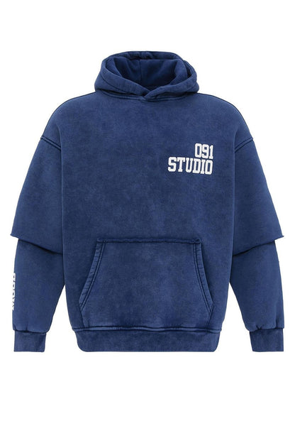 Yıkamalı Çift Kol Detaylı Kapüşonlu Oversize Sweatshirt