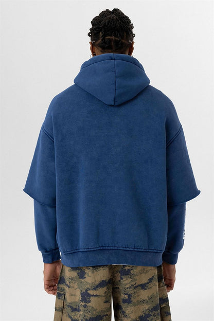 Yıkamalı Çift Kol Detaylı Kapüşonlu Oversize Sweatshirt
