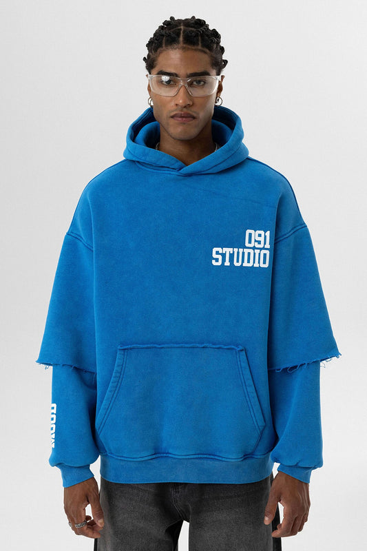 Yıkamalı Çift Kol Detaylı Kapüşonlu Oversize Sweatshirt