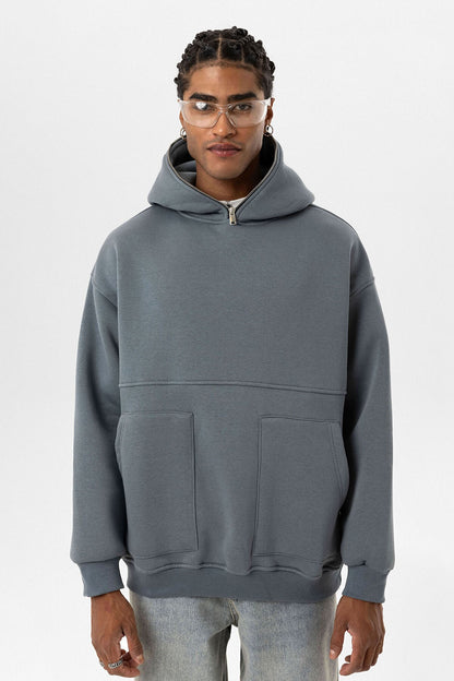 Çift Cep Fermuar Detaylı Kapüşonlu Sweatshirt