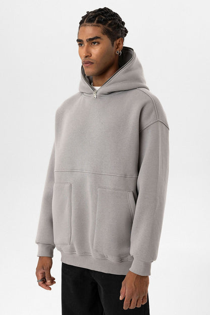 Çift Cep Fermuar Detaylı Kapüşonlu Sweatshirt