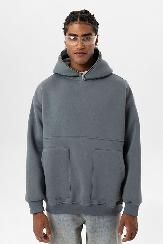 Çift Cep Fermuar Detaylı Kapüşonlu Sweatshirt