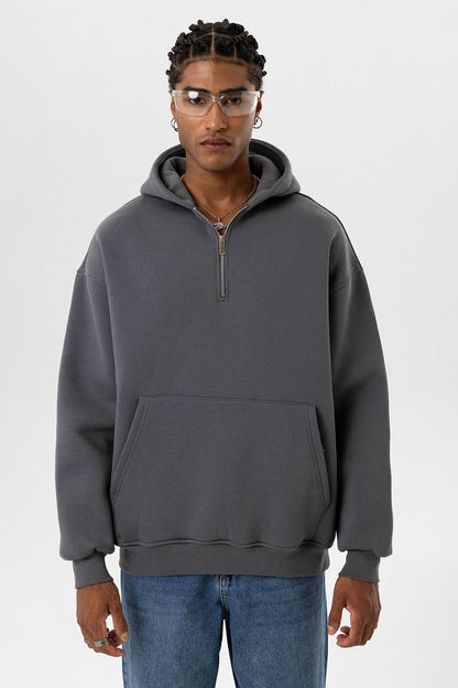 Basic Oversize Fermuar Detaylı Kapüşonlu Sweatshirt
