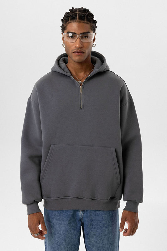 Basic Oversize Fermuar Detaylı Kapüşonlu Sweatshirt