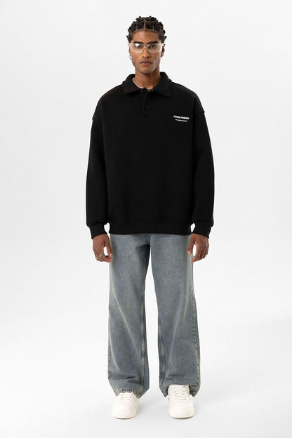 Polo Yaka Baskılı Oversize Sweatshirt