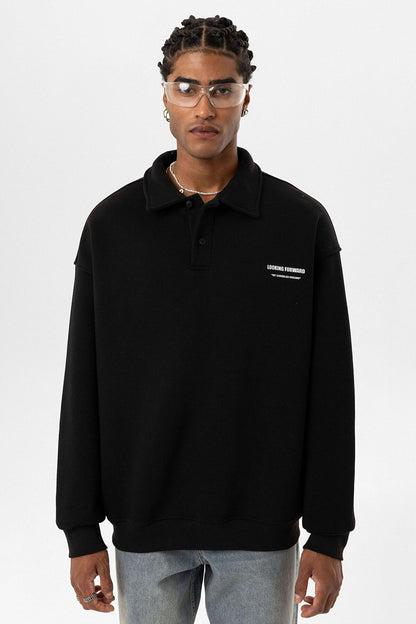 Polo Yaka Baskılı Oversize Sweatshirt