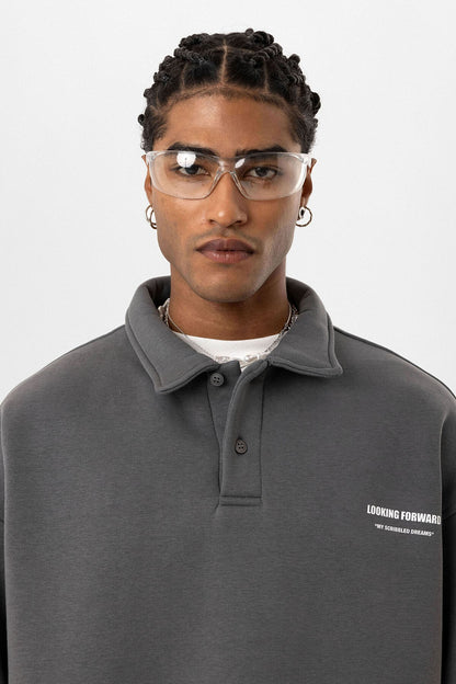 Polo Yaka Baskılı Oversize Sweatshirt