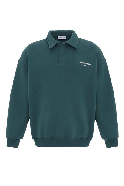 Polo Yaka Baskılı Oversize Sweatshirt