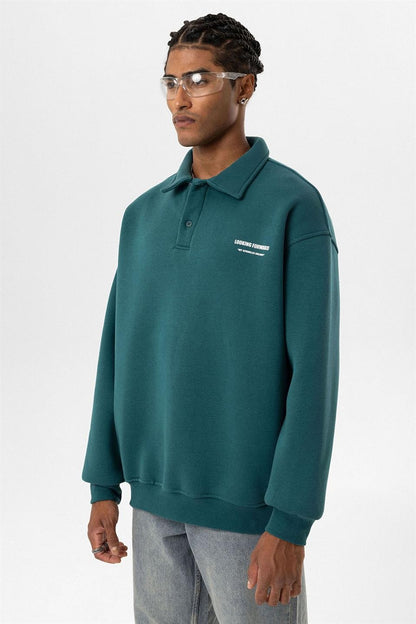 Polo Yaka Baskılı Oversize Sweatshirt