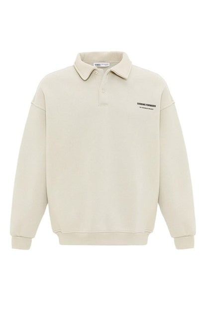 Polo Yaka Baskılı Oversize Sweatshirt