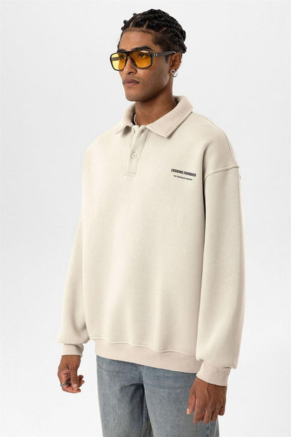 Polo Yaka Baskılı Oversize Sweatshirt