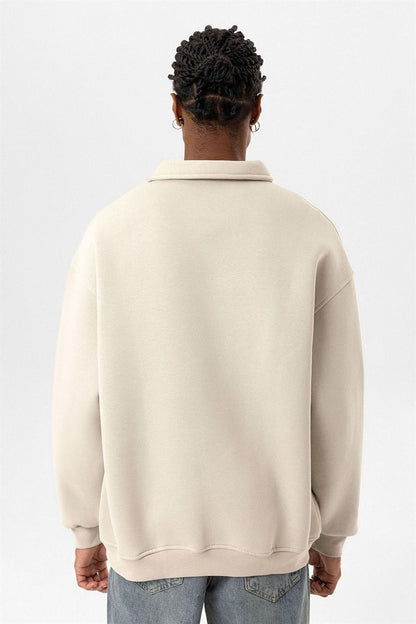 Polo Yaka Baskılı Oversize Sweatshirt