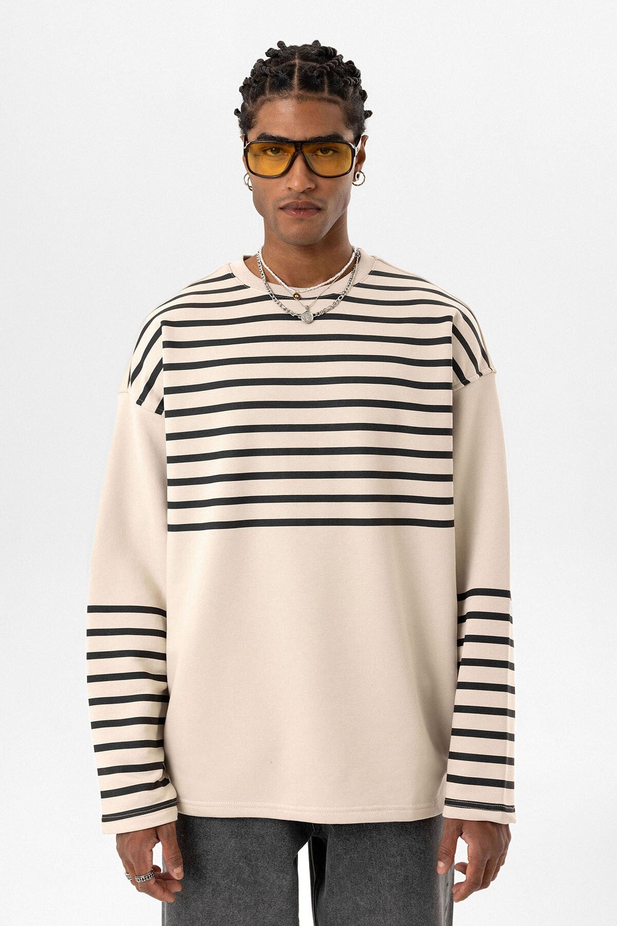 Çizgili Şerit Detaylı Oversize Sweatshirt