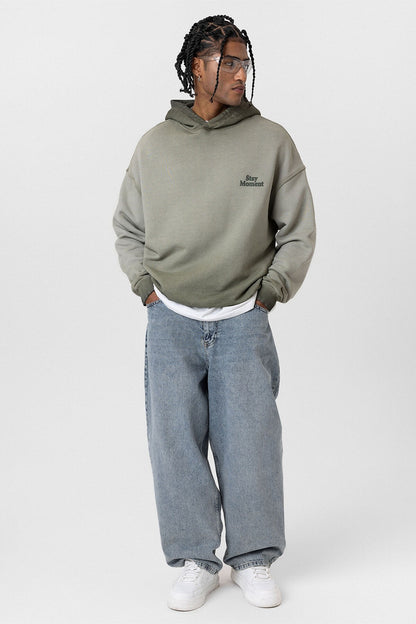 Premıum Yıkamalı Yazı Detaylı Oversize Kapüşonlu Sweatshirt