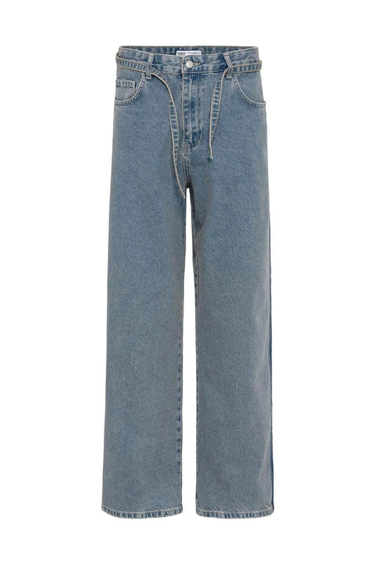 Kemer Detaylı Şeritli Baggy Jean