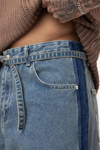 Kemer Detaylı Şeritli Baggy Jean
