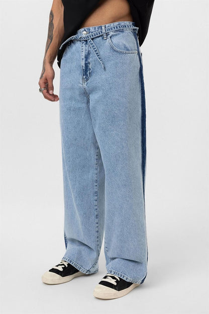Kemer Detaylı Şeritli Baggy Jean