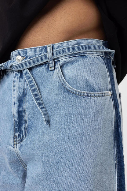 Kemer Detaylı Şeritli Baggy Jean