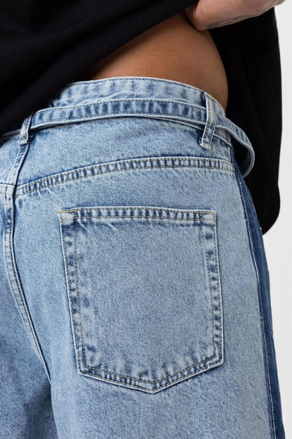 Kemer Detaylı Şeritli Baggy Jean
