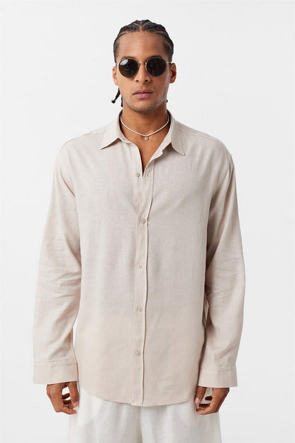 Basic Oversize Uzun Kollu Keten Gömlek