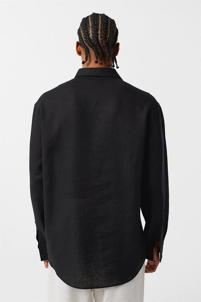 Basic Oversize Uzun Kollu Keten Gömlek