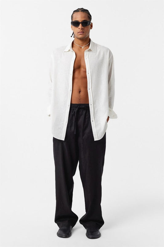 Basic Oversize Uzun Kollu Keten Gömlek