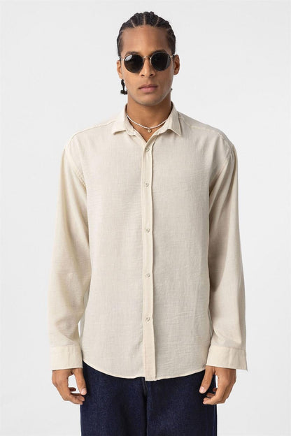 Basic Oversize Uzun Kol Keten Görünümlü Gömlek