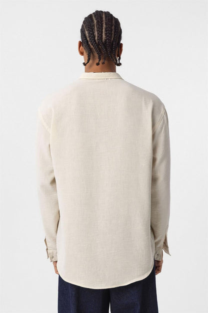 Basic Oversize Uzun Kol Keten Görünümlü Gömlek