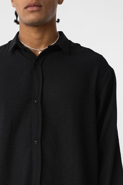 Basic Oversize Uzun Kol Keten Görünümlü Gömlek