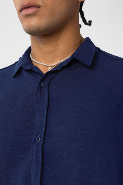 Basic Oversize Uzun Kol Keten Görünümlü Gömlek