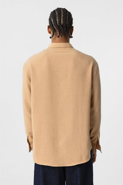 Basic Oversize Uzun Kol Keten Görünümlü Gömlek