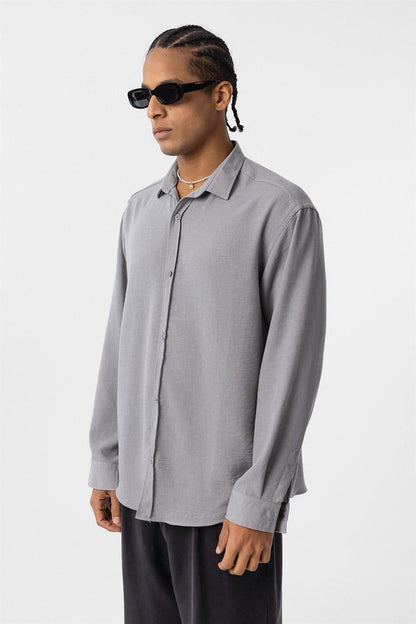 Basic Oversize Uzun Kol Keten Görünümlü Gömlek