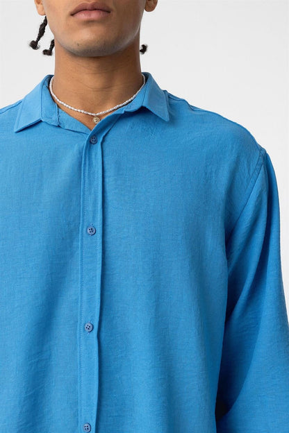 Basic Oversize Uzun Kol Keten Görünümlü Gömlek