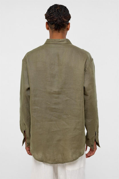 %100 Keten Oversize Uzun Kollu Gömlek