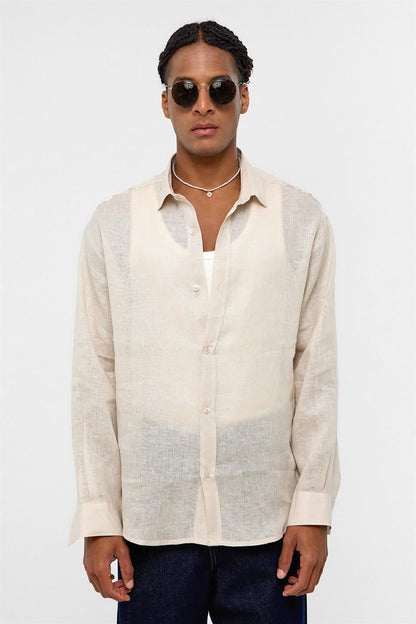 %100 Keten Oversize Uzun Kollu Gömlek