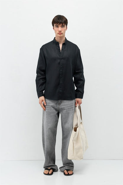 %100 Keten Oversize Uzun Kollu Gömlek