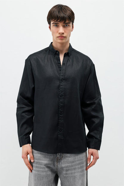 %100 Keten Oversize Uzun Kollu Gömlek