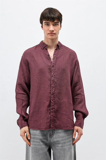 %100 Keten Oversize Uzun Kollu Gömlek
