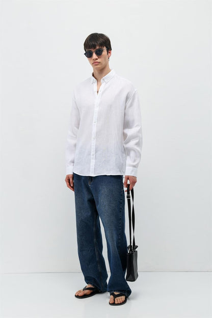 %100 Keten Oversize Uzun Kollu Gömlek